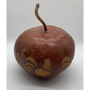 Vintage Hand Carved Gourd Lidded Bowl Roosters Cottage Core Farmhouse Signed